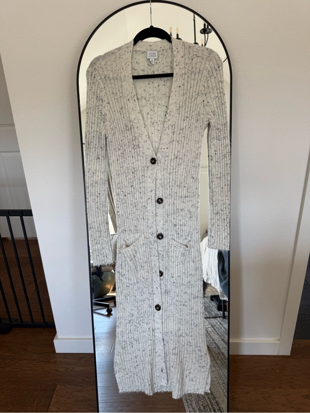 Long Ribbed Button-Front Cardigan Dress - Cream Speckle